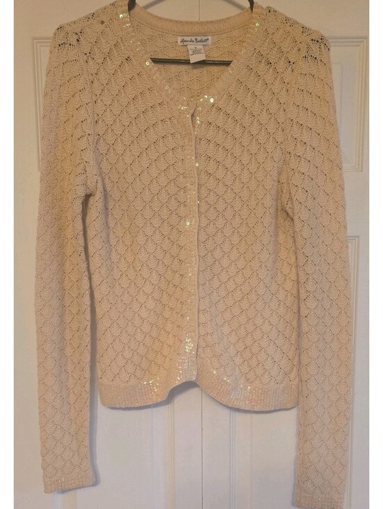 Sweaters - Vtg Alexandria Bartlett Crochet Open Knit Cardigan Sequins Sz S Cotton Ivory